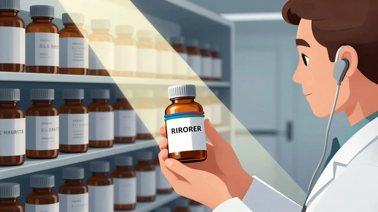 Pharmacist handing a bottle with colored rubber bands to a person with hearing aid.