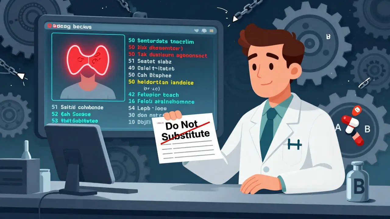 Pharmacist holding rejected prescription with error messages from 50 states, patient with red thyroid icon nearby.