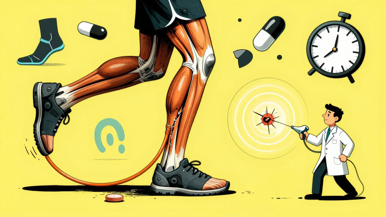 Runner's Achilles tendon with micro-tears shown via ultrasound, floating exercise icons in stylized design.