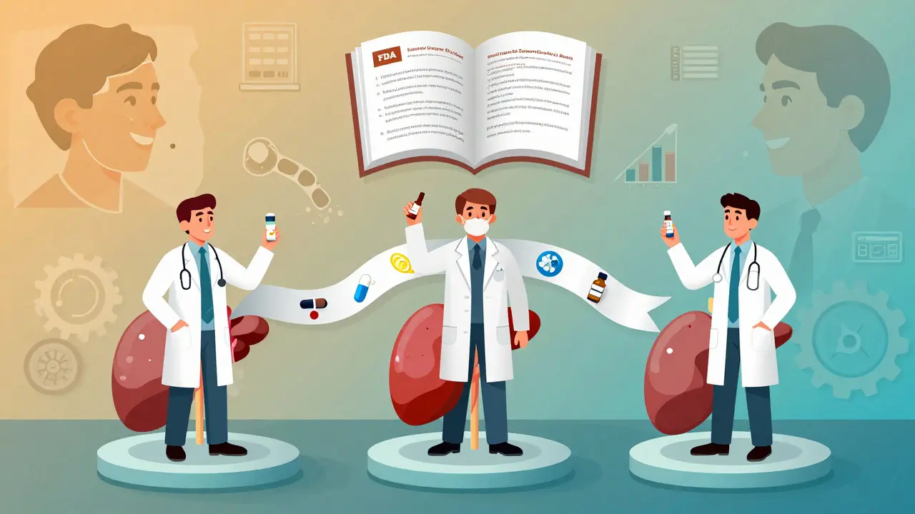 Specialist doctors connected by generic drug ribbon, FDA Orange Book floating above.