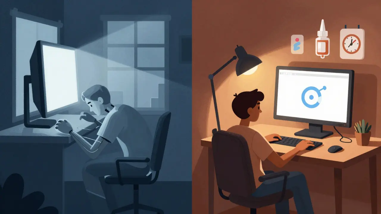 Split scene: poor screen posture vs. ergonomic setup with eye drops and warm lighting, Constructivist design