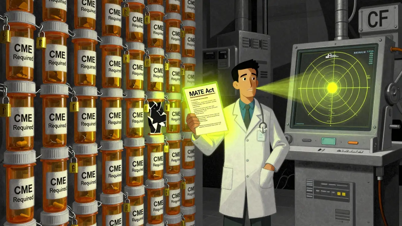 State prescription bottles with chains and empty ones, doctor holding MATE Act certificate.