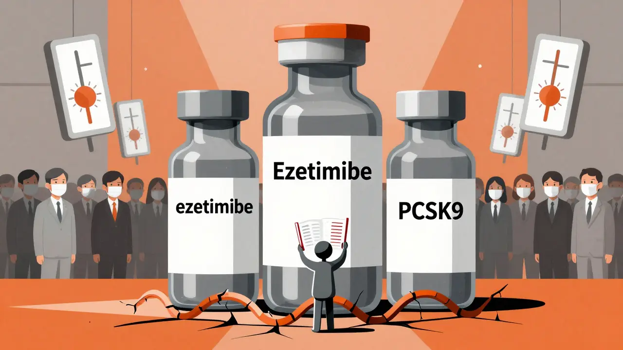 Three medical vials tower over a person holding a blood test, with genetic helixes cracking below, surrounded by indifferent crowds.