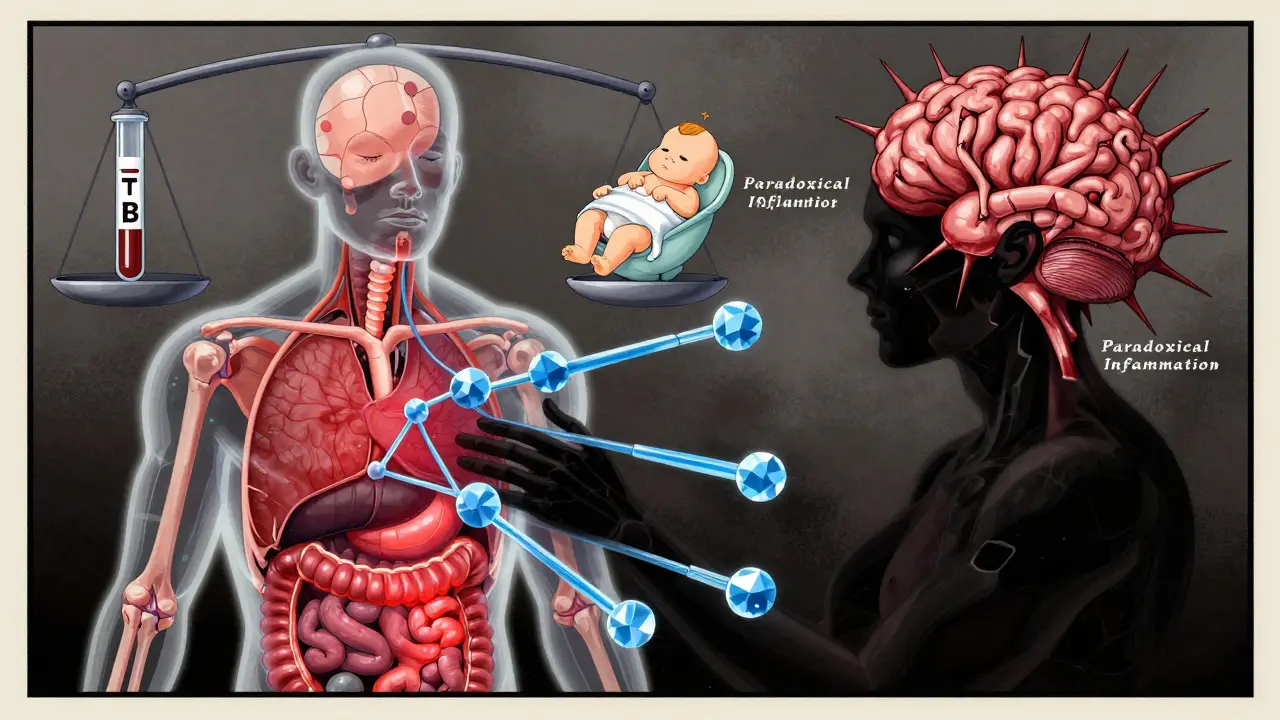 Transparent human torso calmed by blue TNF blockers, while paradoxical inflammation emerges from the brain in geometric style.