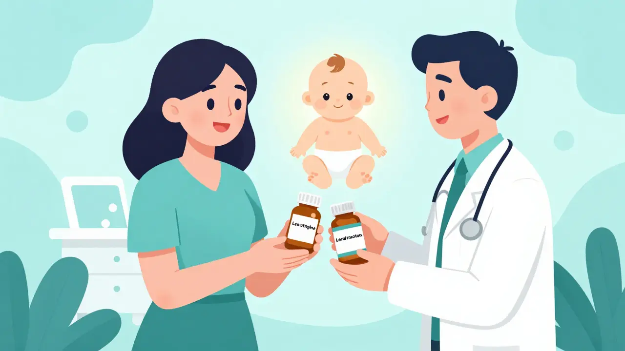 Woman receiving safe seizure meds with glowing baby in bright geometric medical scene.