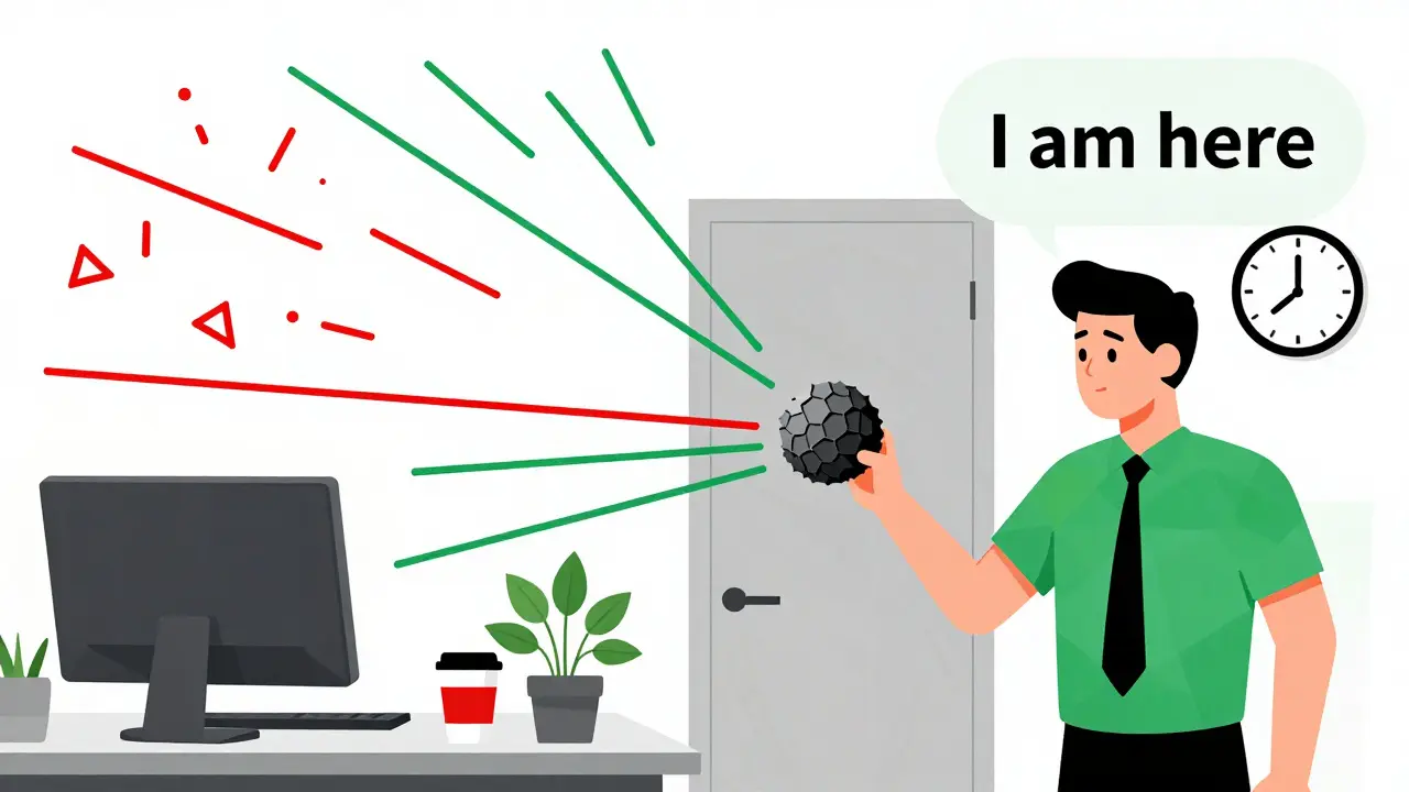 Worker grounding themselves using five senses, chaotic alerts transforming into calm geometric shapes.