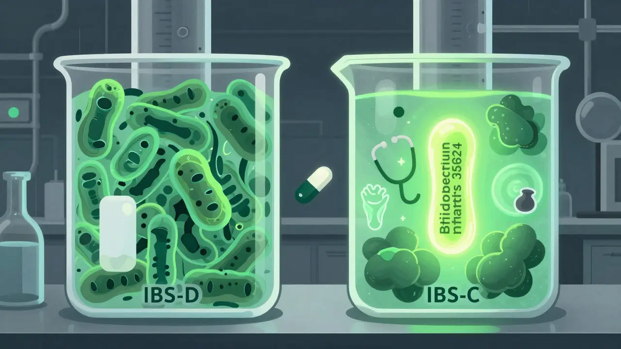 A beaker with abstract gut bacteria, one glowing strain shining among medical icons in industrial style.