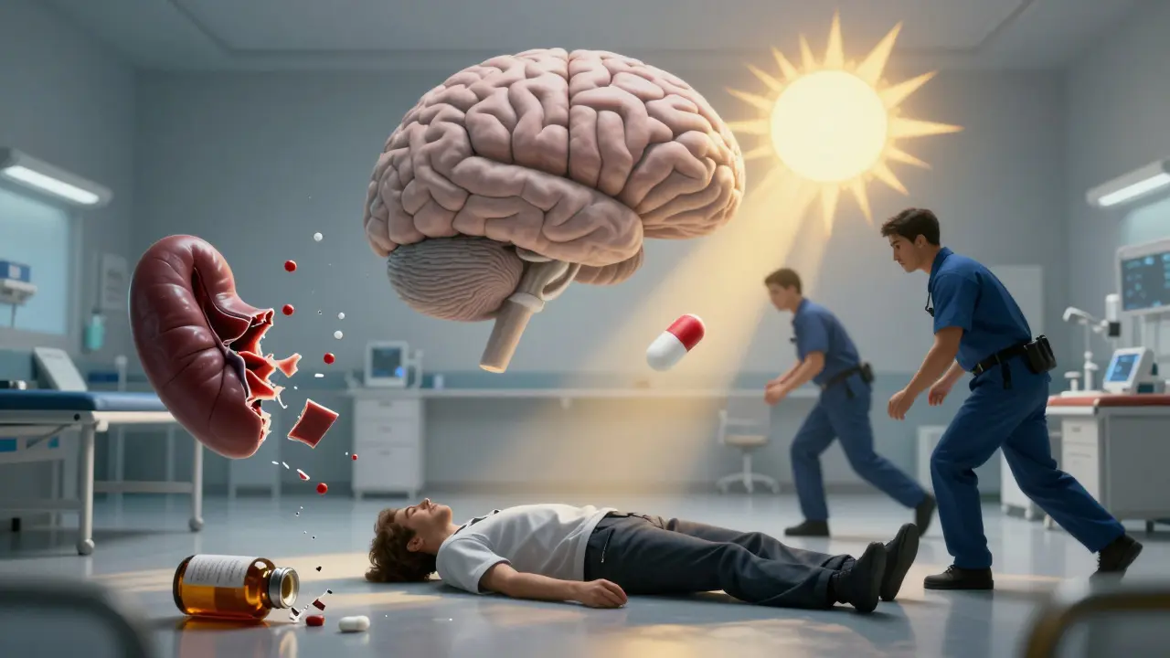 A collapsed patient in an ER with floating hydrocortisone pill and shattered opioid bottle, framed by a dim brain and golden recovery light.