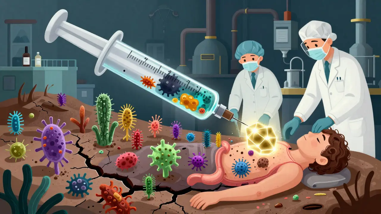 A medical team administering a fecal transplant using a glowing microbial seed pod into a damaged colon landscape.