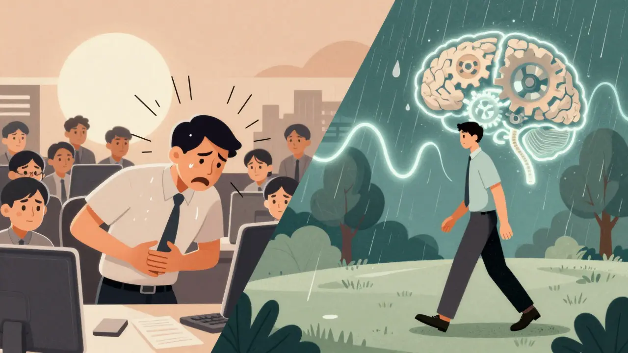 A person split between anxious office and calm park, with a glowing gut-brain connection pathway.