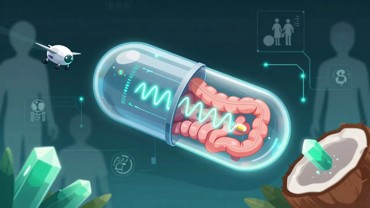 A smart capsule sensing fat levels in the intestine and releasing drug pulses with glowing waves and oil droplets as delivery drones.
