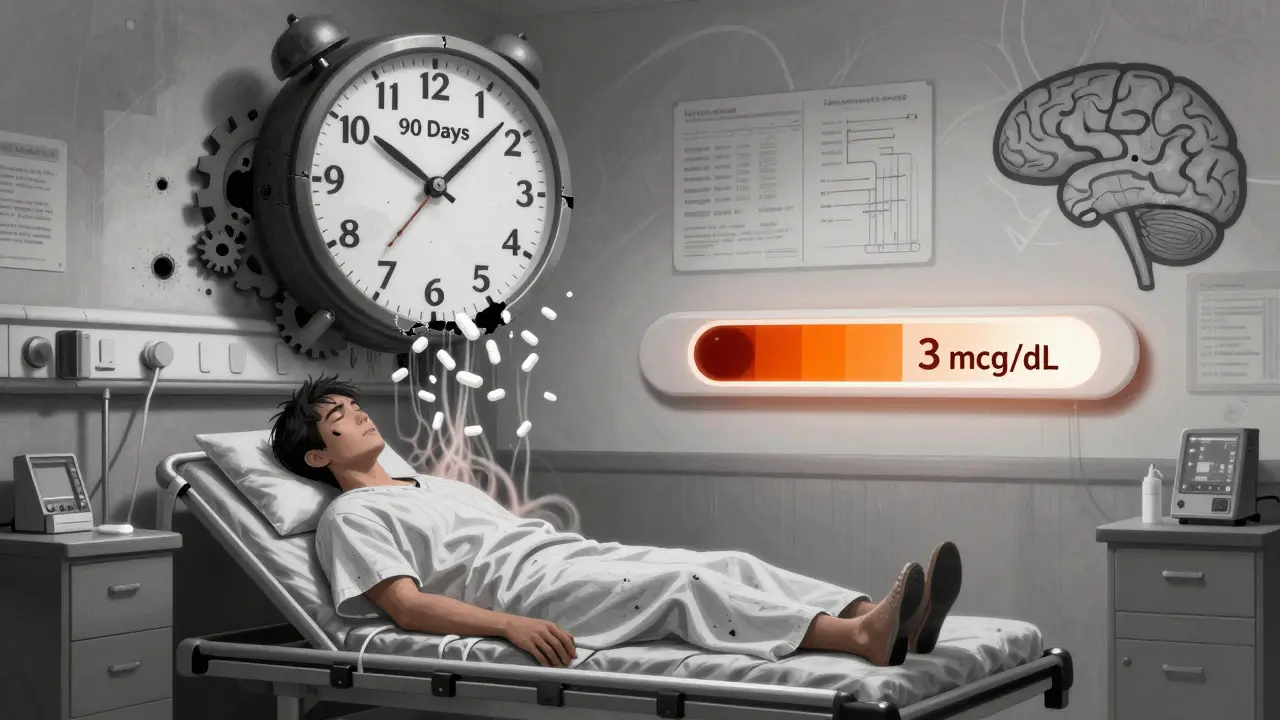 A tired patient under a falling rain of opioid pills, with a glowing cortisol test strip and a crumbling '90 Days' clock.
