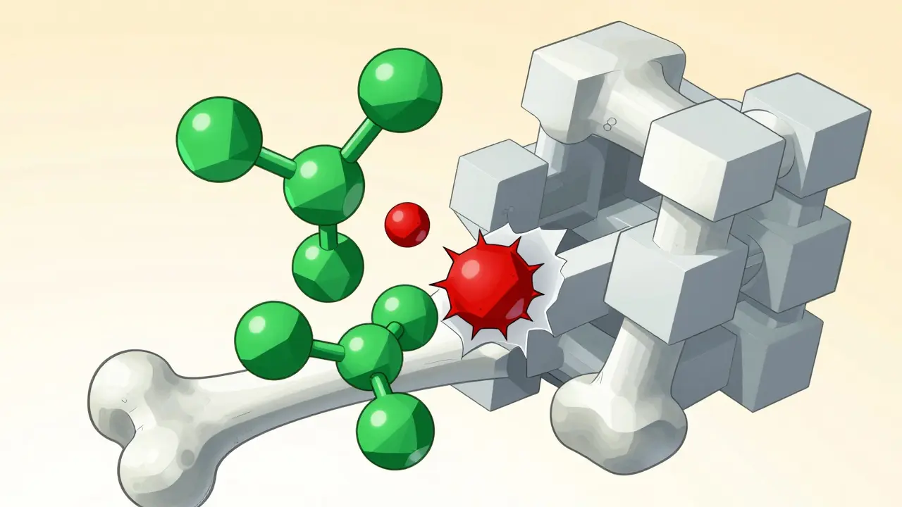 Bisphosphonate molecules blocking osteoclasts on bone surface