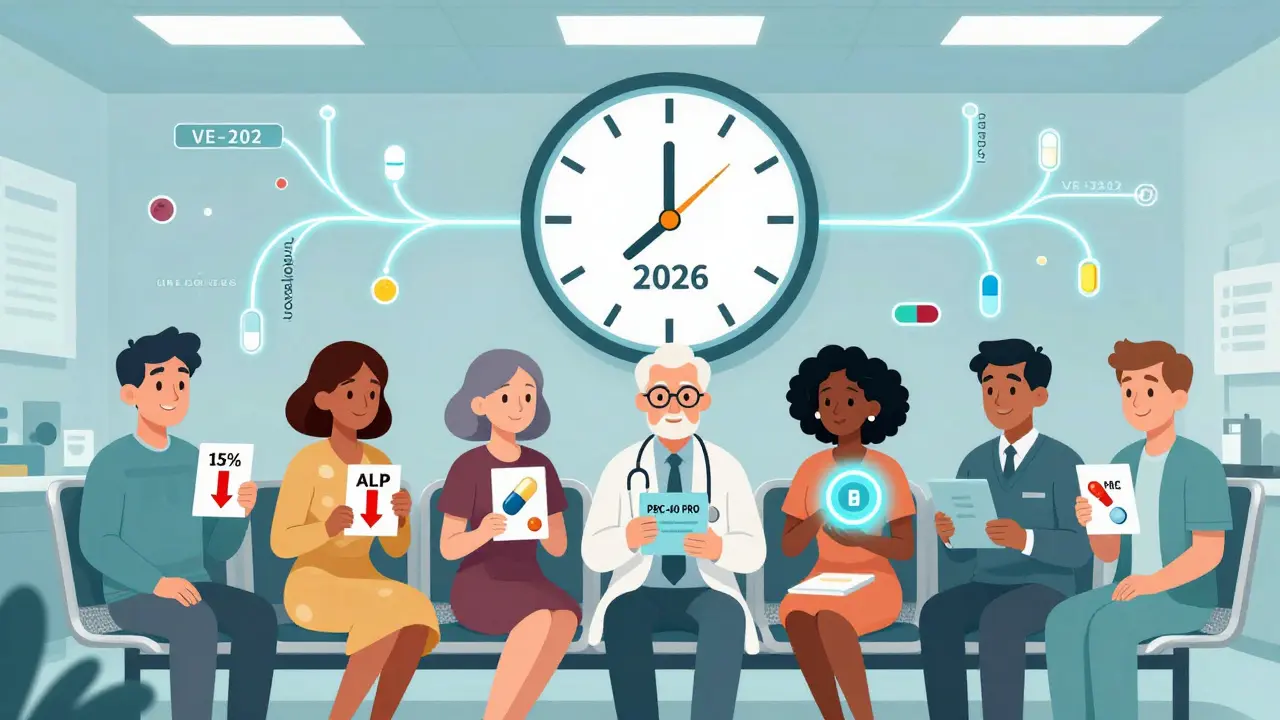 Diverse patients in a clinic holding personalized treatment cards, with future drug pathways glowing above them in geometric forms.