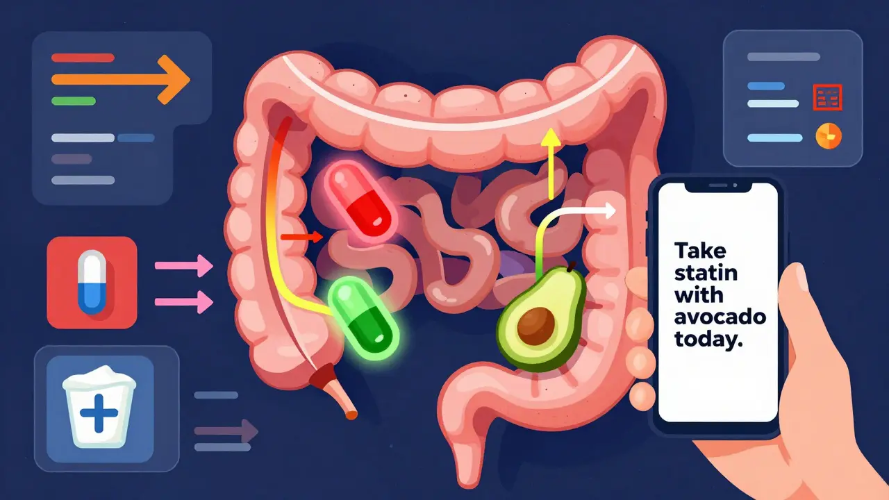 Futuristic gut visualization showing how grapefruit, avocado, and dairy affect drug absorption, with glowing paths and geometric data streams.