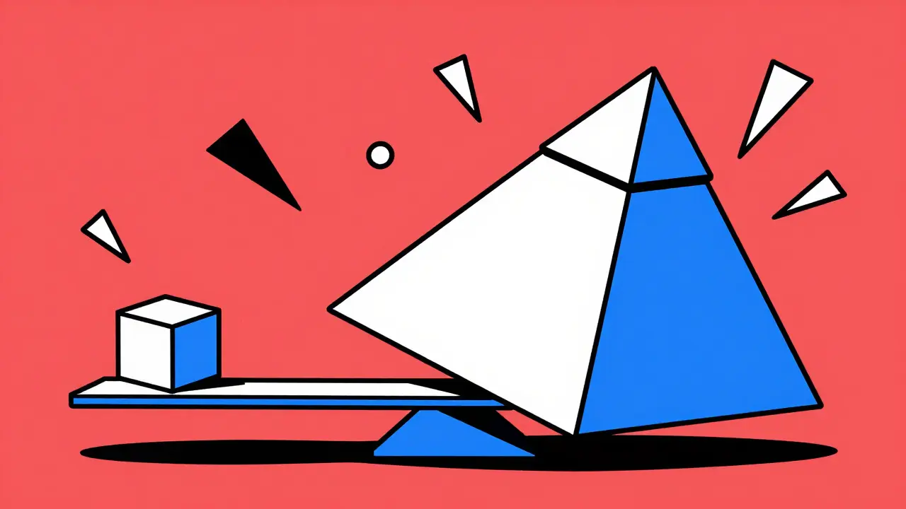 Geometric scale contrasting small generic cube and large branded pyramid