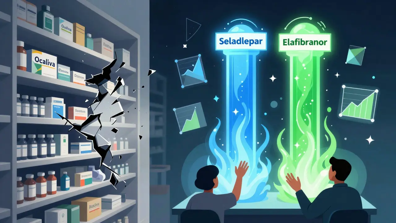 Ocaliva shattering as Seladelpar and Elafibranor rise as new treatment pillars with energy waves for itch and metabolic relief.