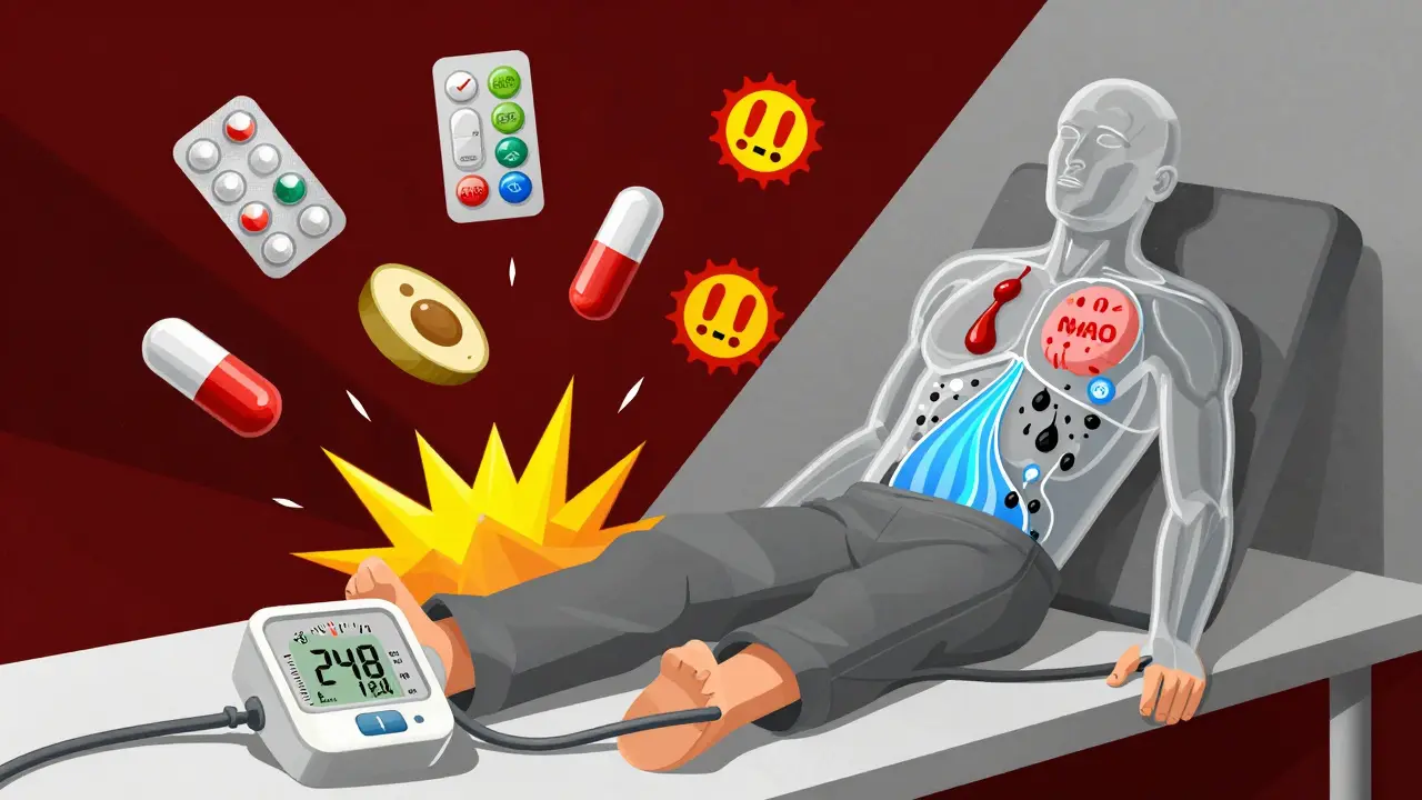 Patient collapsed with blood pressure monitor spiking, surrounded by exploding medication and food icons, showing internal norepinephrine surge in geometric style.