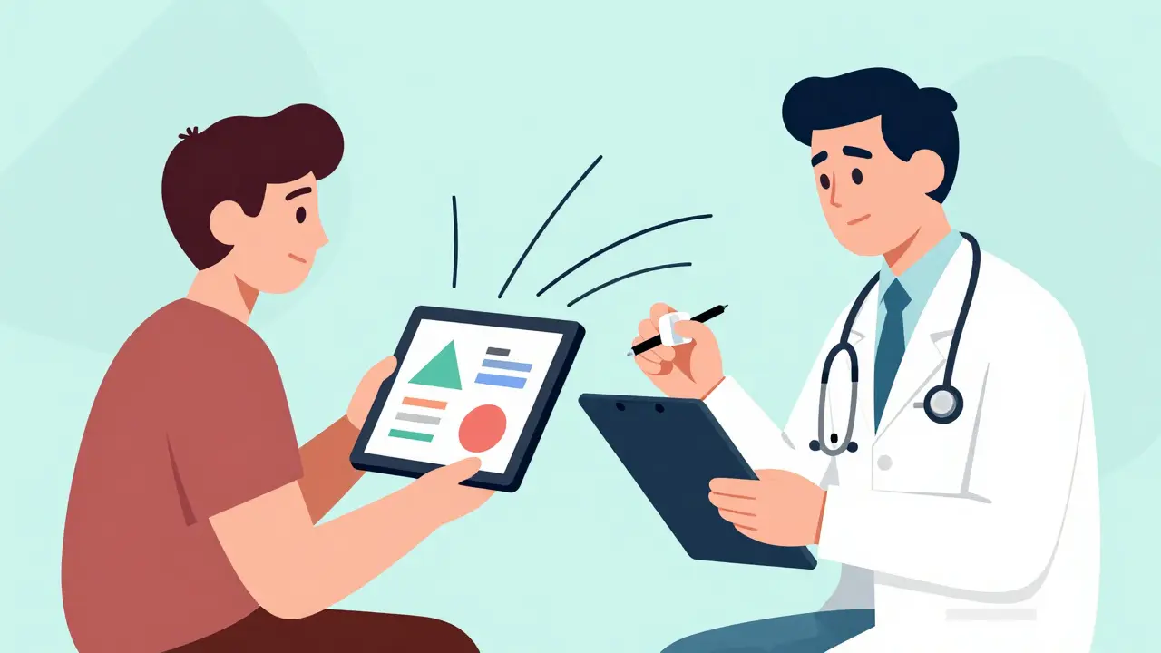 Patient viewing branded ad tablet, doctor prescribing generic medication