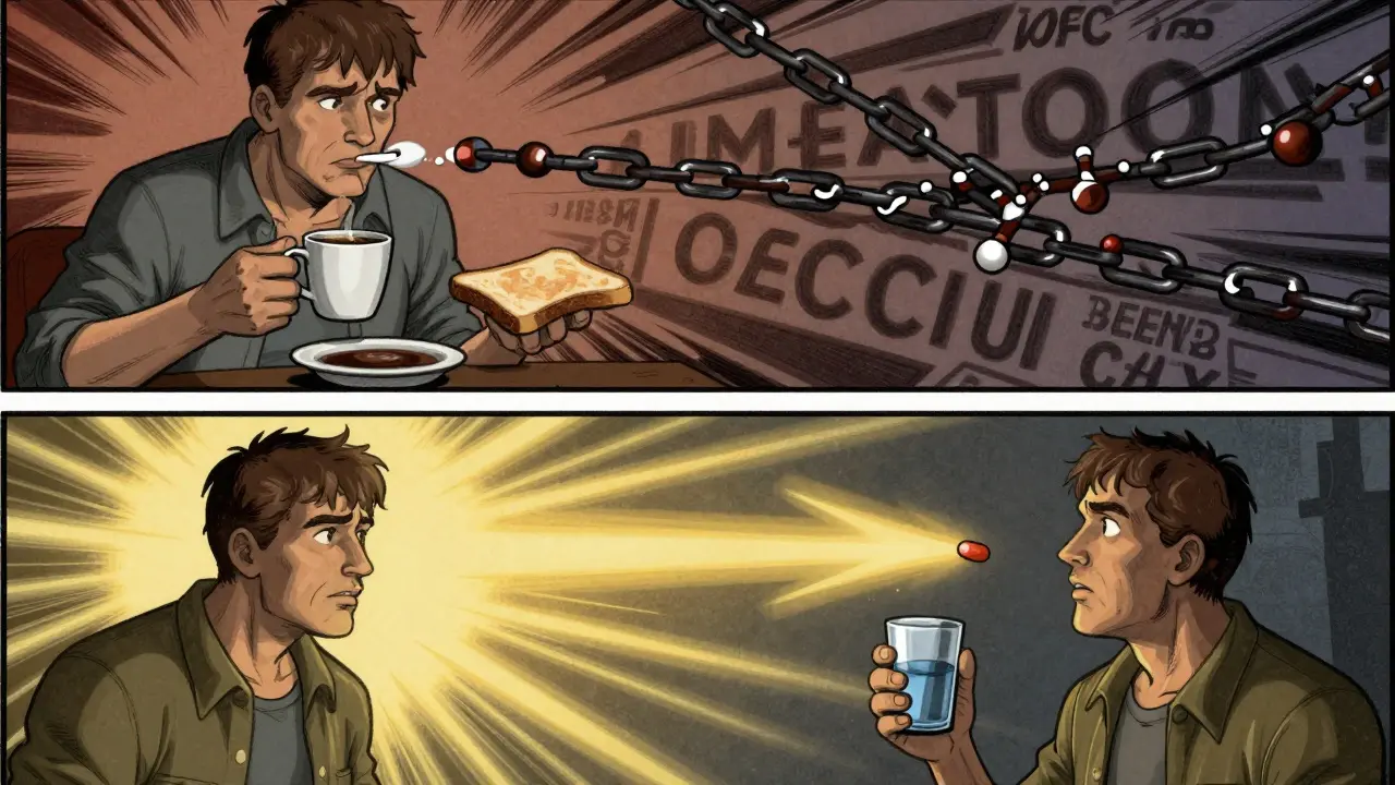 Split illustration of levothyroxine being blocked by coffee and toast versus properly absorbed with water at dawn, using dynamic Constructivist lines.
