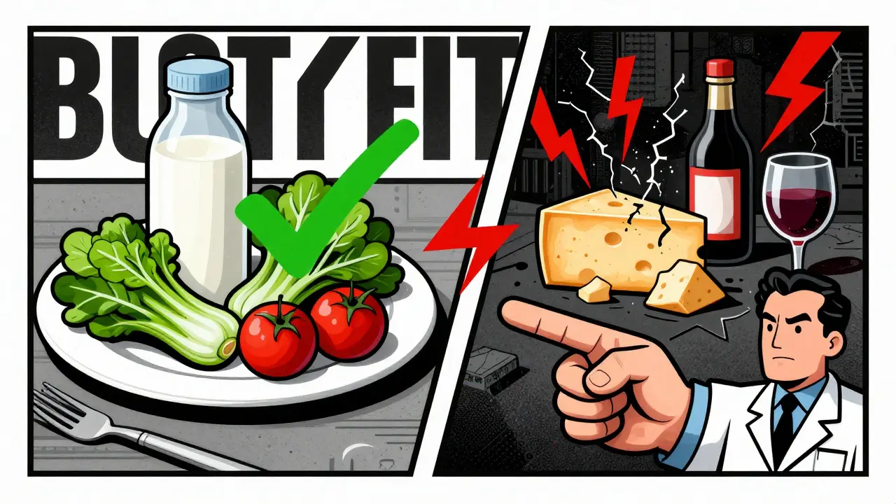 Split panel: safe fresh foods on one side, dangerous aged foods on the other, with warning lightning bolts and medical icons in bold Constructivist style.