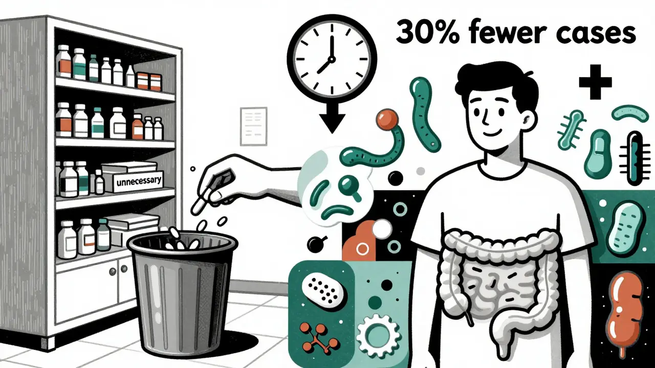 Split scene: antibiotics discarded vs. a healthy gut mosaic, symbolizing reduced C. difficile cases by 2030.