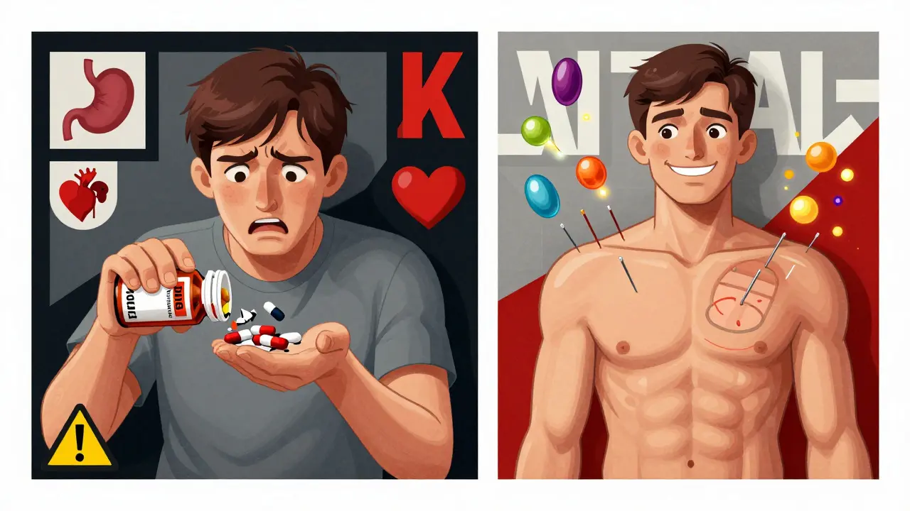Split scene comparing harmful side effects of ibuprofen to the natural pain relief from acupuncture with glowing neurotransmitters.