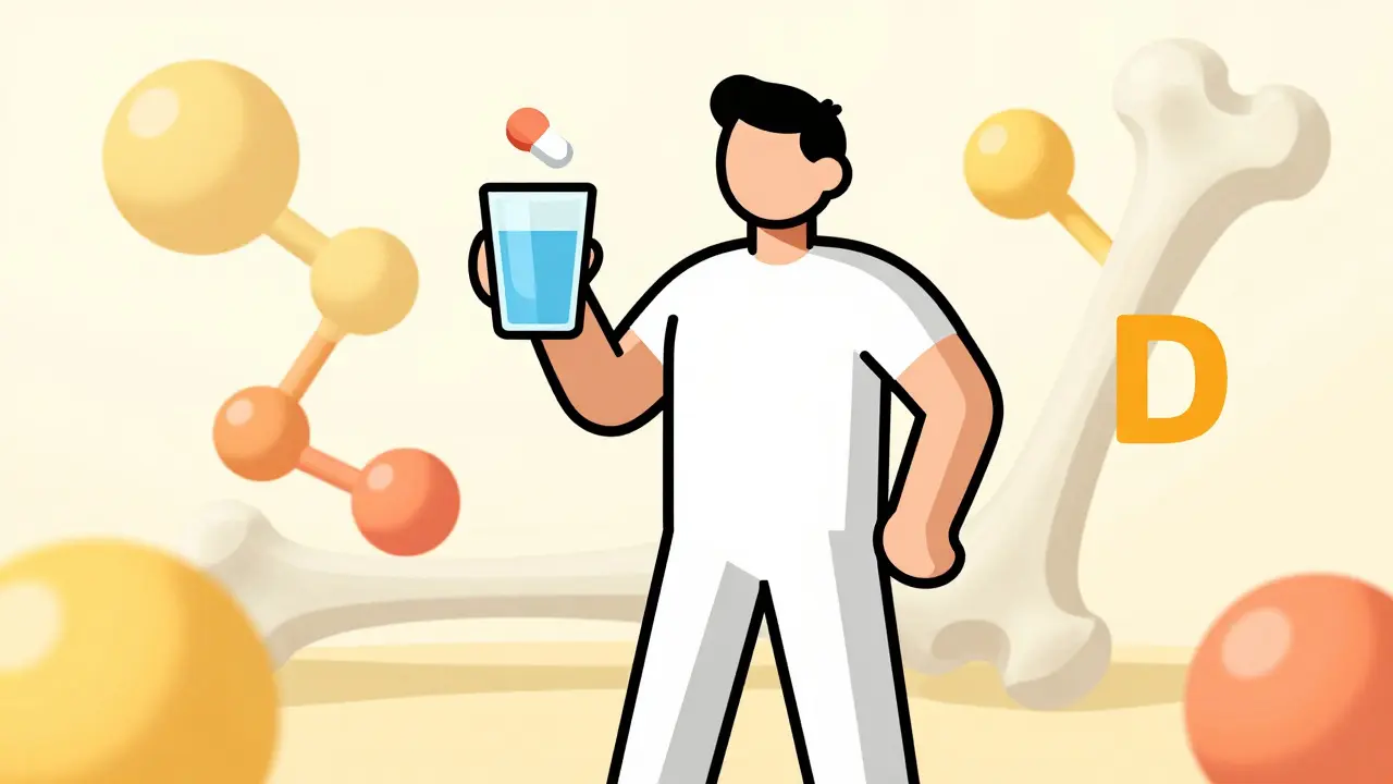 Upright figure taking oral medication with calcium and vitamin D