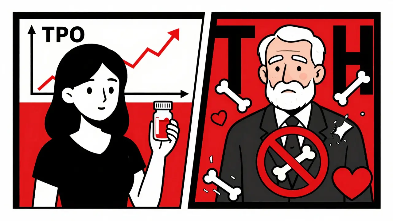 Young woman with antibodies and pill vs. elderly man with avoid symbol, contrasting medical outcomes in bold shapes.
