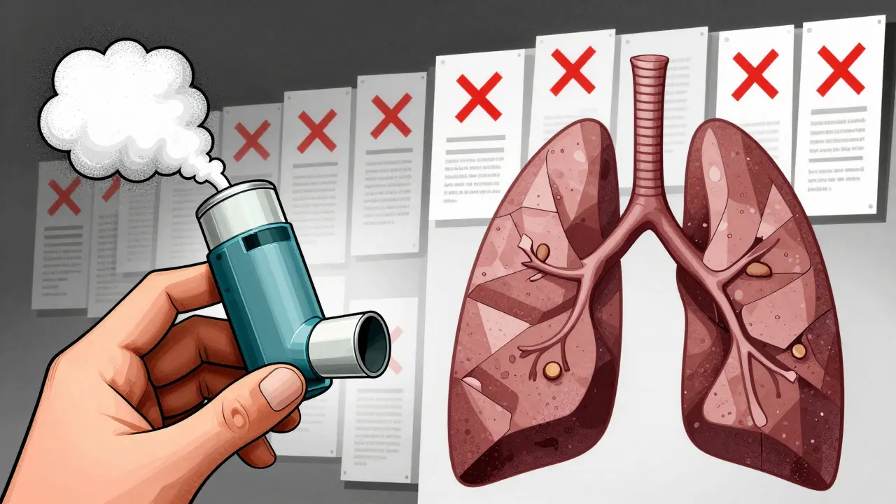 A generic inhaler next to a brand one, with uneven particle clouds and mechanical hand forms, beside a wall of failed approval notices.