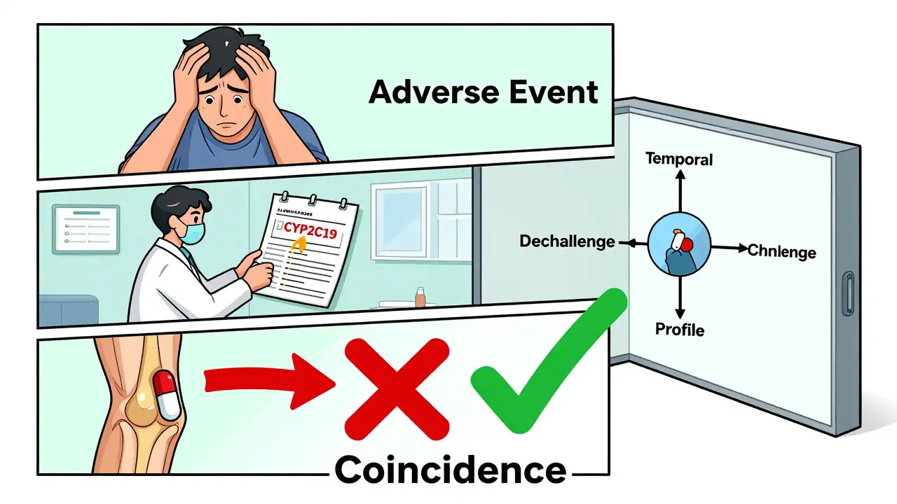 A hospital scene showing confusion between adverse events and true drug reactions, with a diagnostic flowchart as architecture.