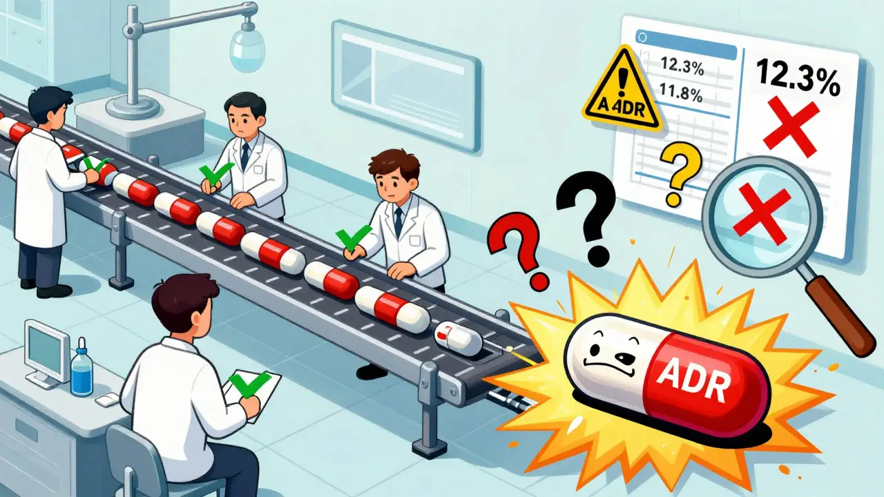 A mechanical assembly line where pills are labeled as side effects or adverse reactions with contrasting symbols.