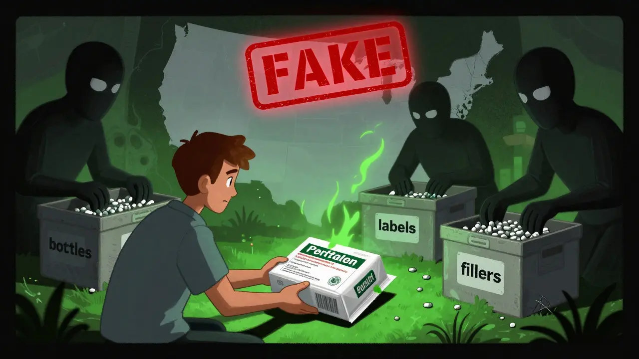 A patient receives a fake medication package while shadowy figures assemble it from parts shipped across three countries.