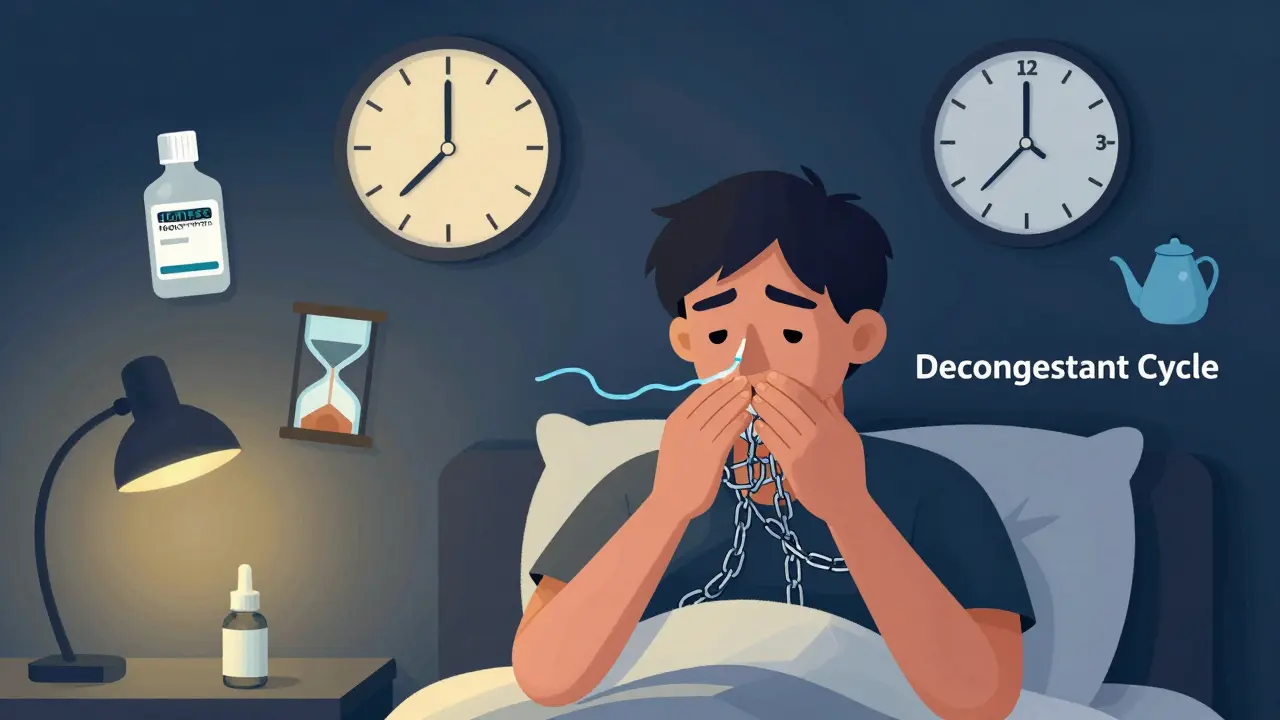 A person in bed with one clear nostril receiving saline flow, the other blocked by chains symbolizing dependency.