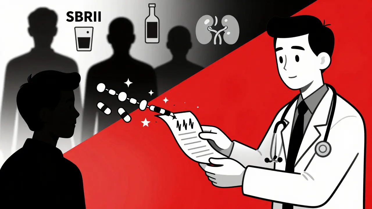 A prescription turning into seizure symbols, with hidden drug and alcohol warning icons looming behind.