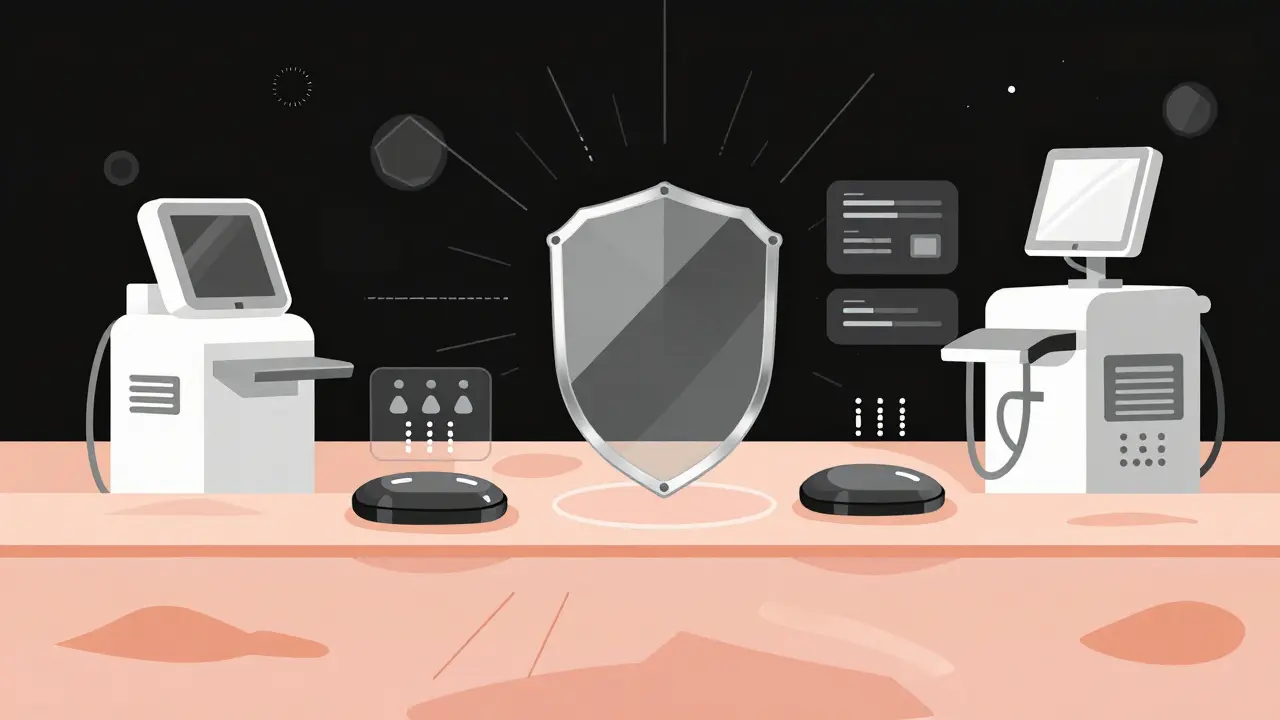 Abstract medical sensors monitoring skin with modern digital health technology concept