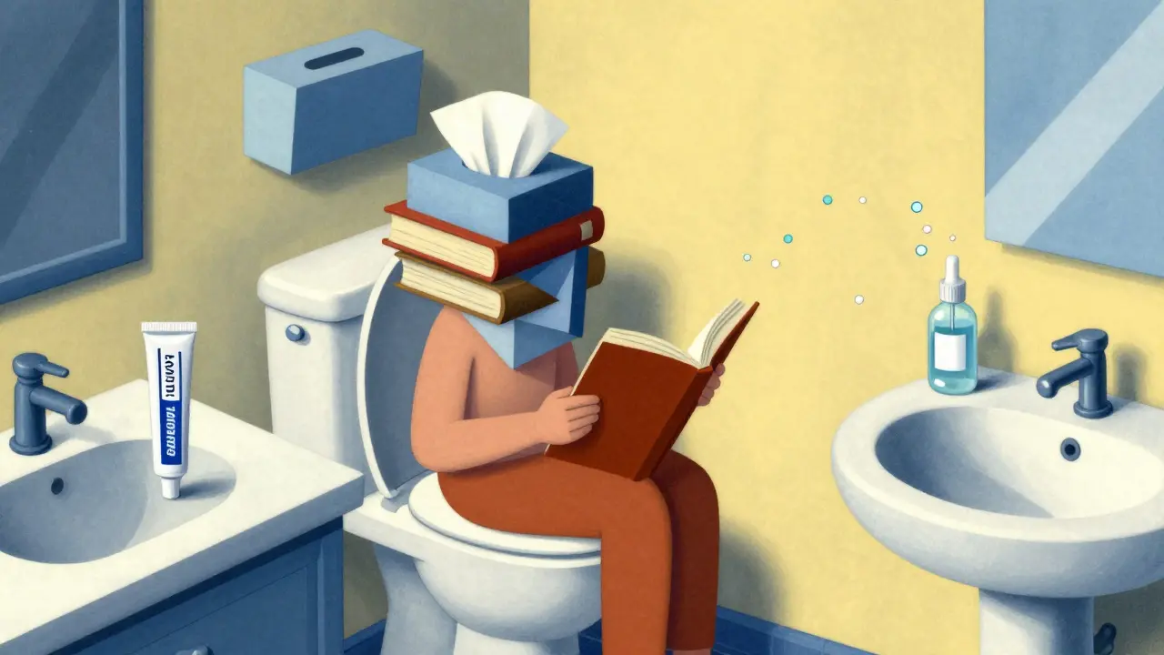 Bathroom preparation scene with organized supplies and patient comfort items