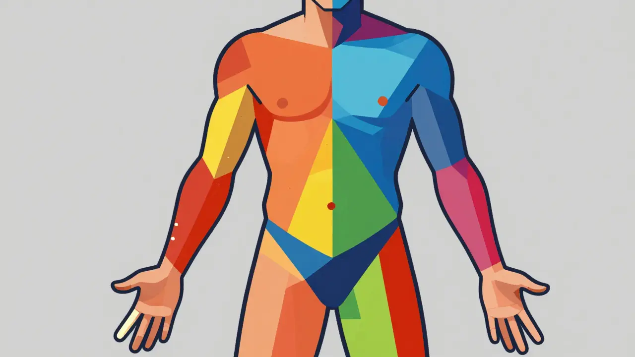 Body silhouette showing safe steroid application zones with fingertip measurement guide