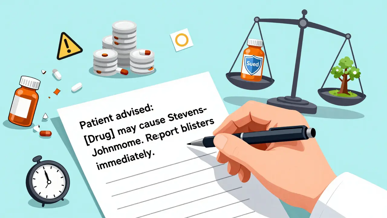 Doctor writes detailed warning on chart, surrounded by icons of risk, while a scale tips toward them under rising insurance costs.