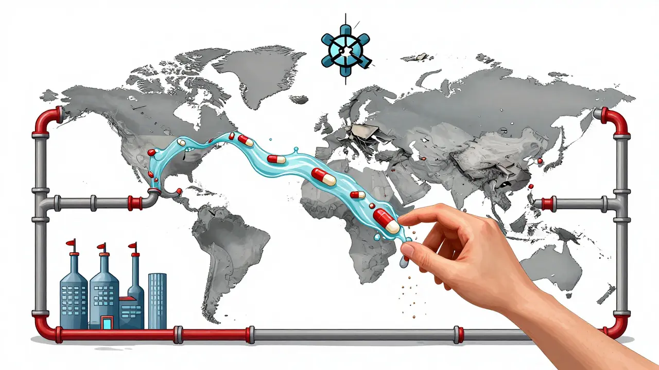 Global supply chain of fake drugs flowing through pipes, dissolving into dust as a patient reaches for them.