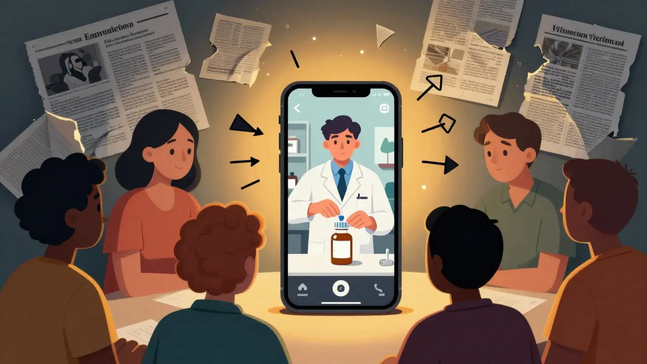 Patients gathered around a smartphone watching a pharmacist demonstrate pill bottle use.