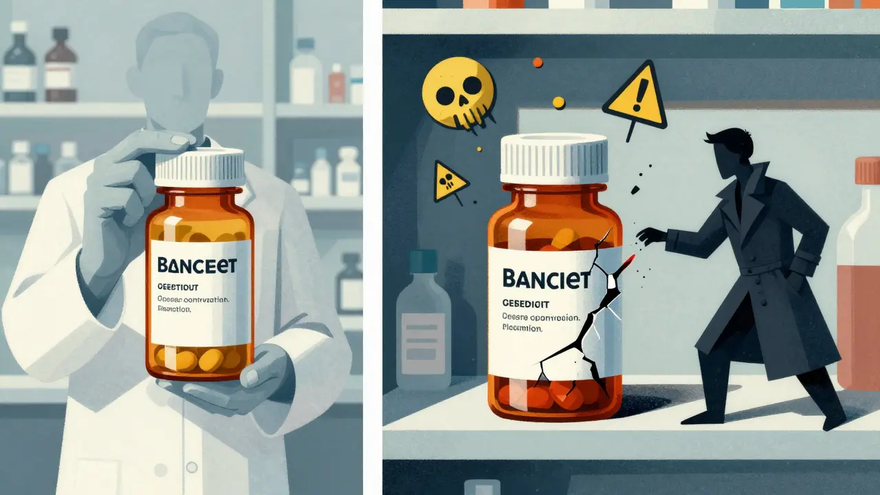 Pharmacist comparing real and fake pill bottles, with toxic symbols emerging from the counterfeit version.