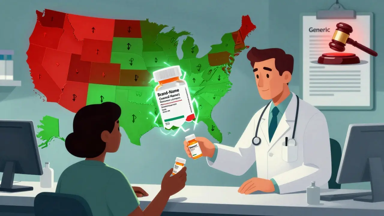 Pharmacist dispensing a generic drug as split images show differing warning labels, state maps glow with varying notification rules.