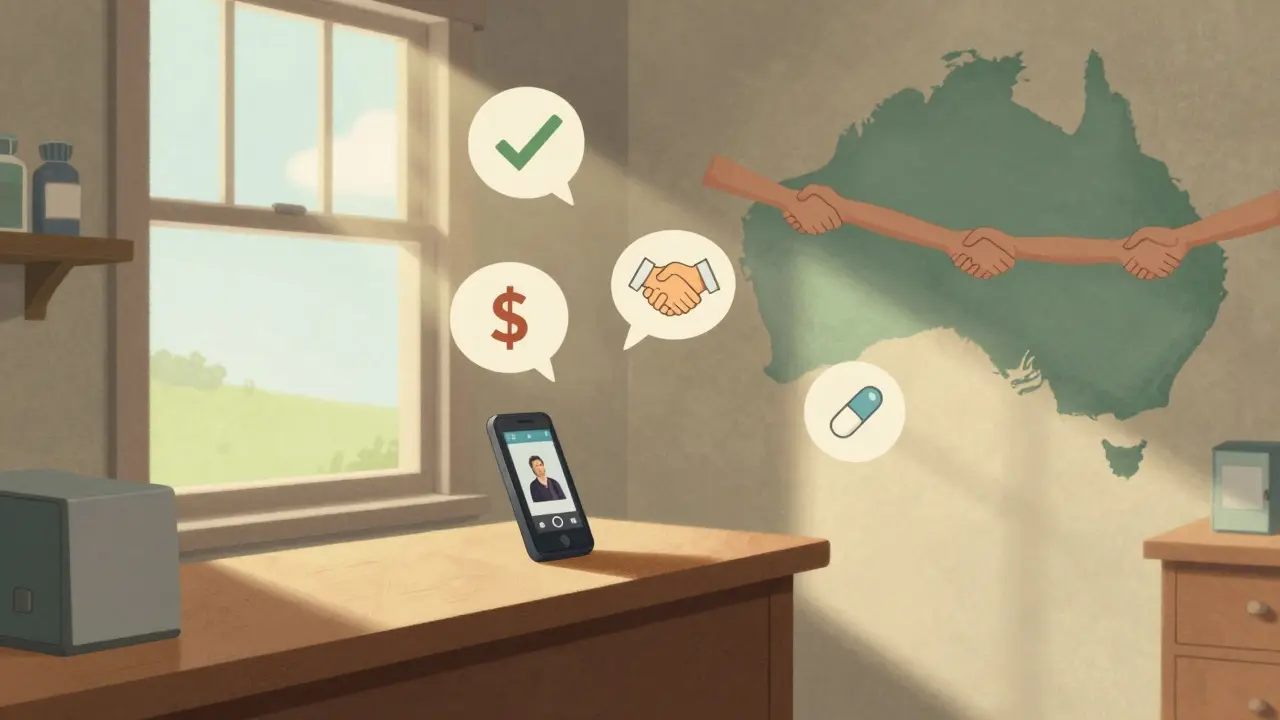 Rural pharmacy staff filming a health video with floating symbols of trust and savings.