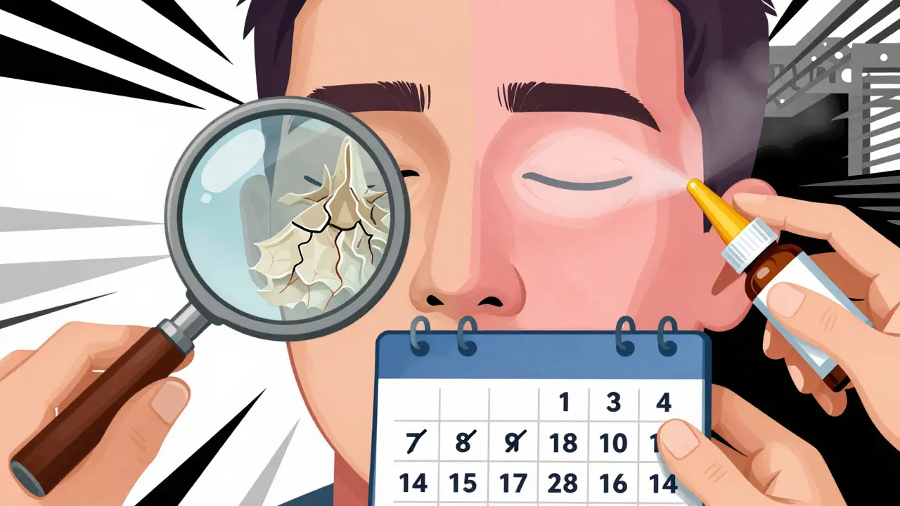 Split head illustration showing damaged nasal tissue versus healed tissue with calendar marking recovery days.