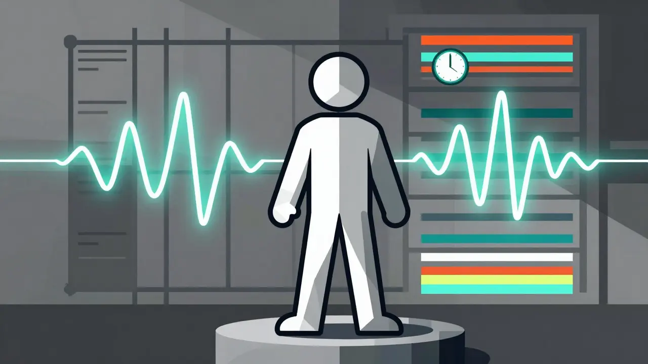 Stylized geometric figure surrounded by symbols of health and organized routine.