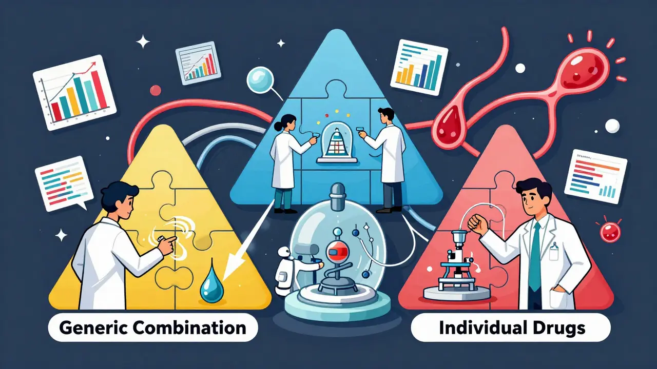 Three paths in a triangular study design leading to an analytical chamber, with scientists and data streams in geometric forms.