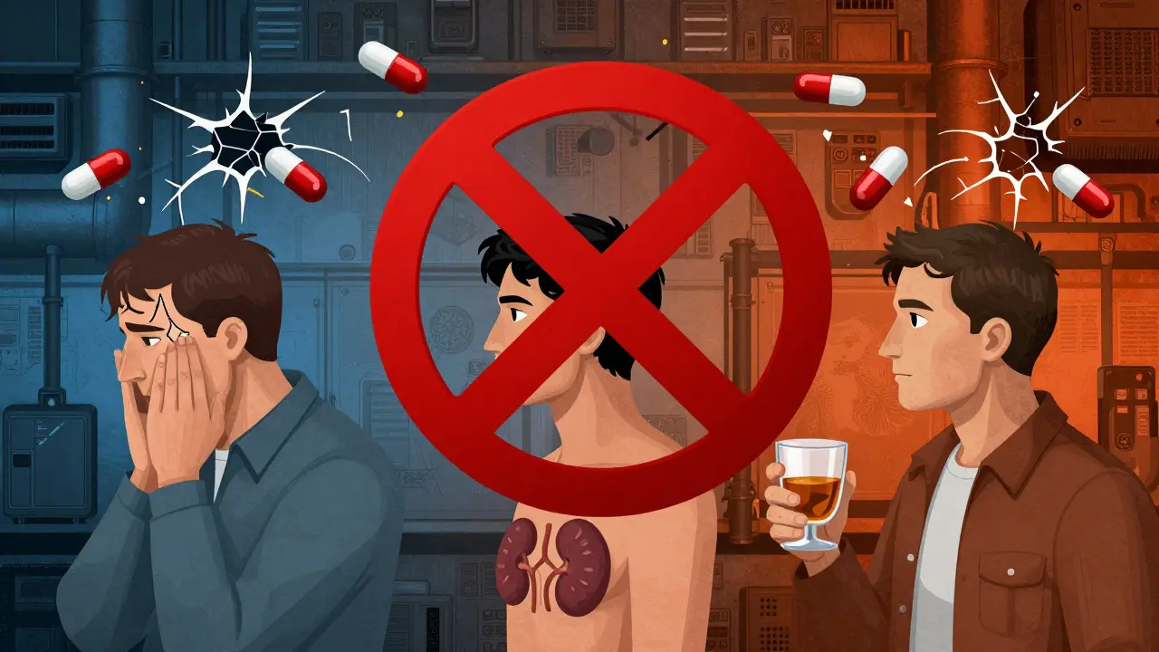 Three patients surrounded by exploding tramadol capsules, all under a large red prohibition symbol.