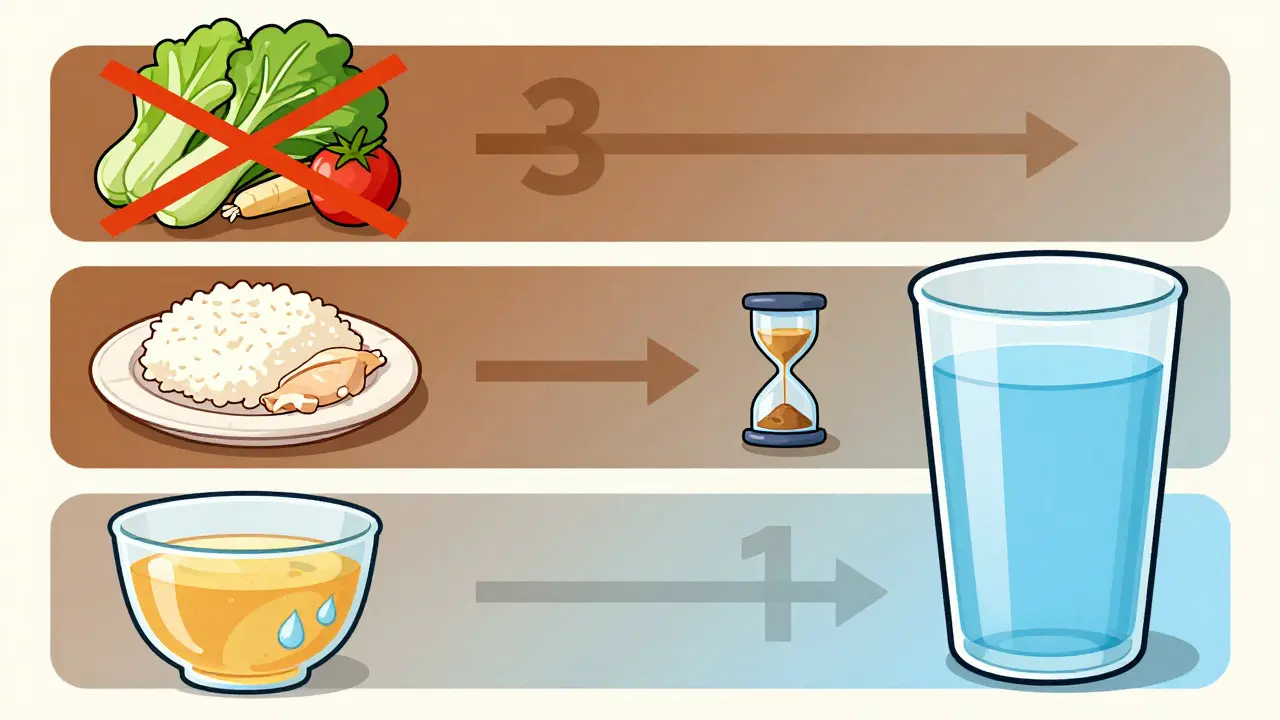 Vertical timeline graphic showing colonoscopy diet progression stages