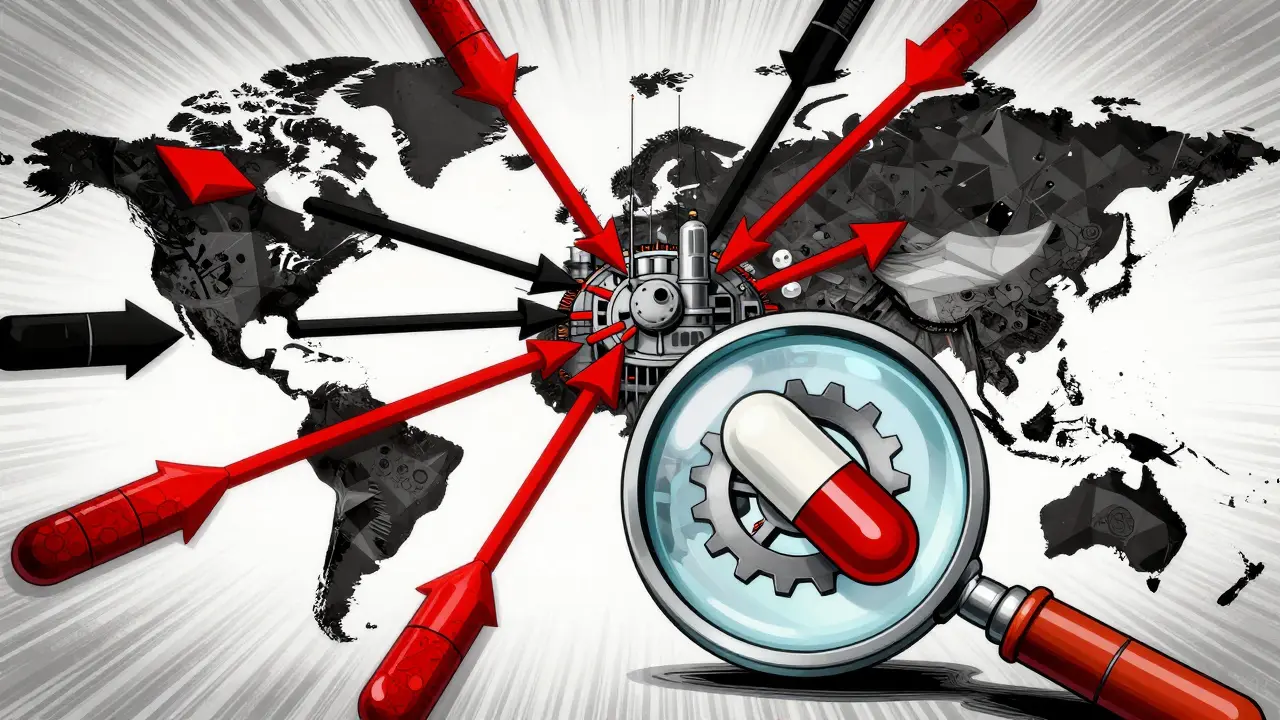 A constructivist map showing pharmaceutical supply lines radiating from India to the rest of the world.
